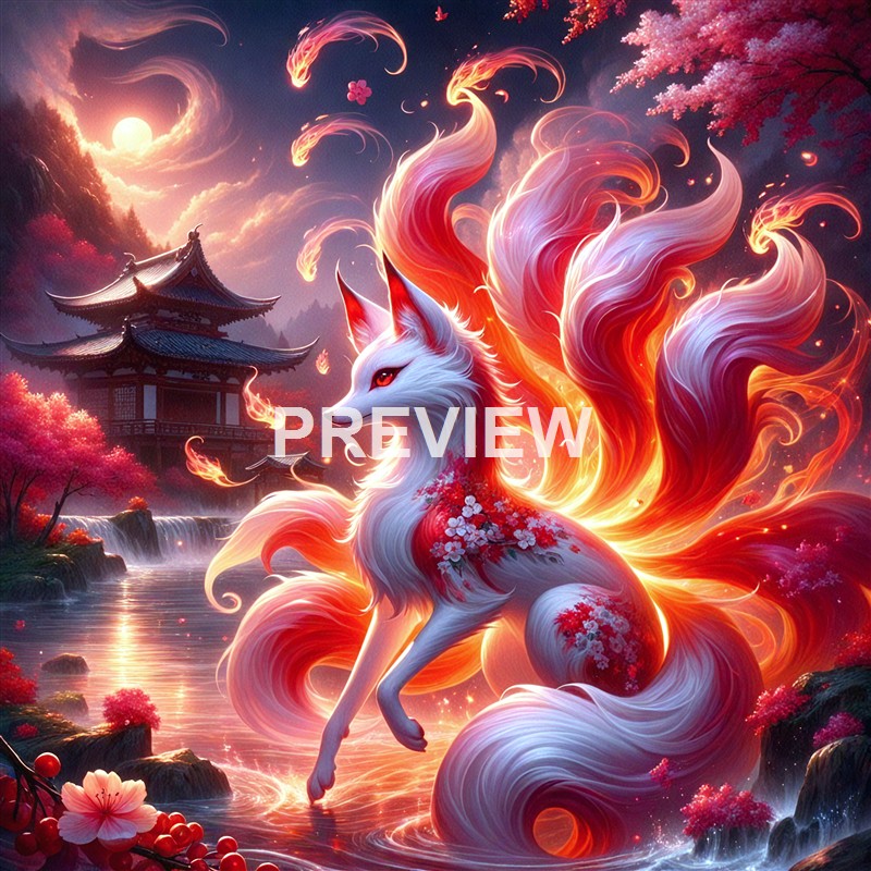 A fantastical scene featuring a luminous, fiery-tailed fox with white fur and red eyes, surrounded by glowing flames and cherry blossoms, set against a traditional East Asian pagoda, a full moon, and a flowing river.